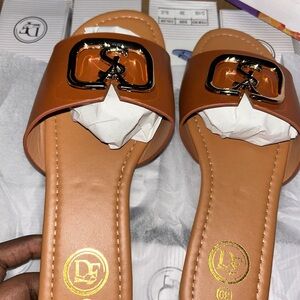 DF Tan Slide Mules with Gold Logo Accent